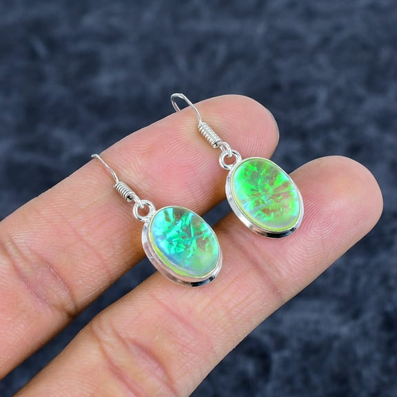Green Triplet Opal 925 Sterling Silver Gemstone Jewelry Earring 1.38"