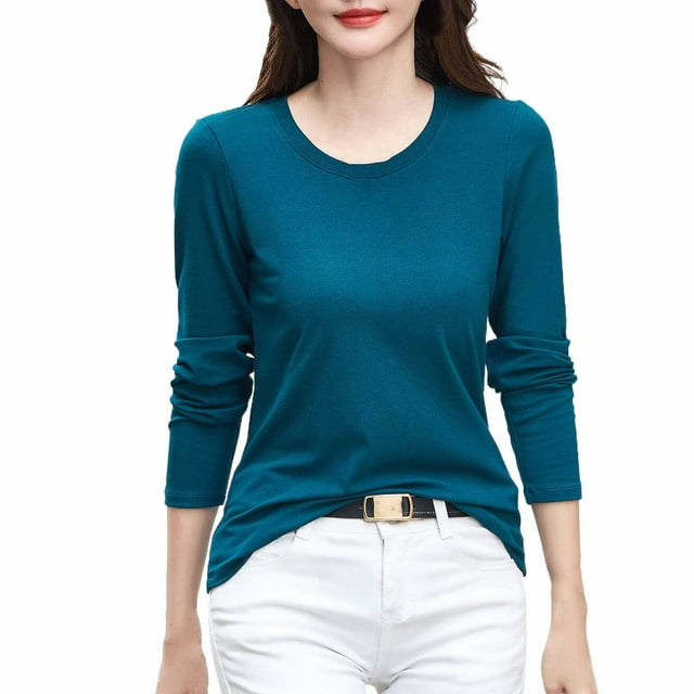Timegard Tops for Women Crew Neck Long Sleeve Slim Fitting Soft Comfy Bottom Tee Fall Casual Pjs Tops