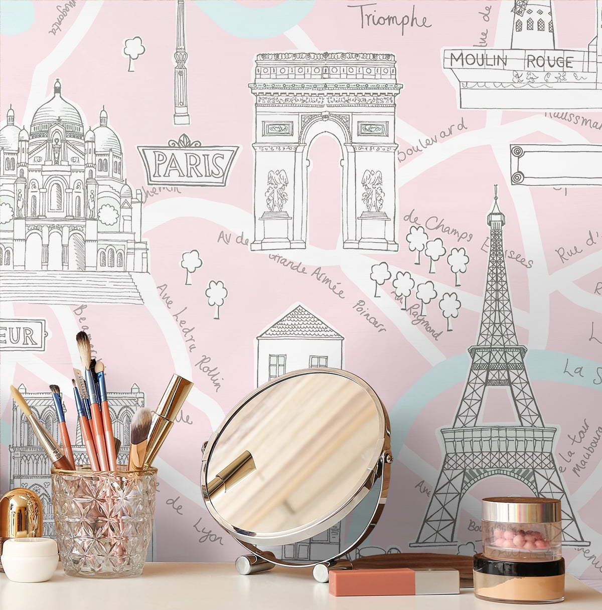 NextWall  Paris Scene Peel and Stick Wallpaper 20.5 in. W x 18 ft. L - Pale Pink