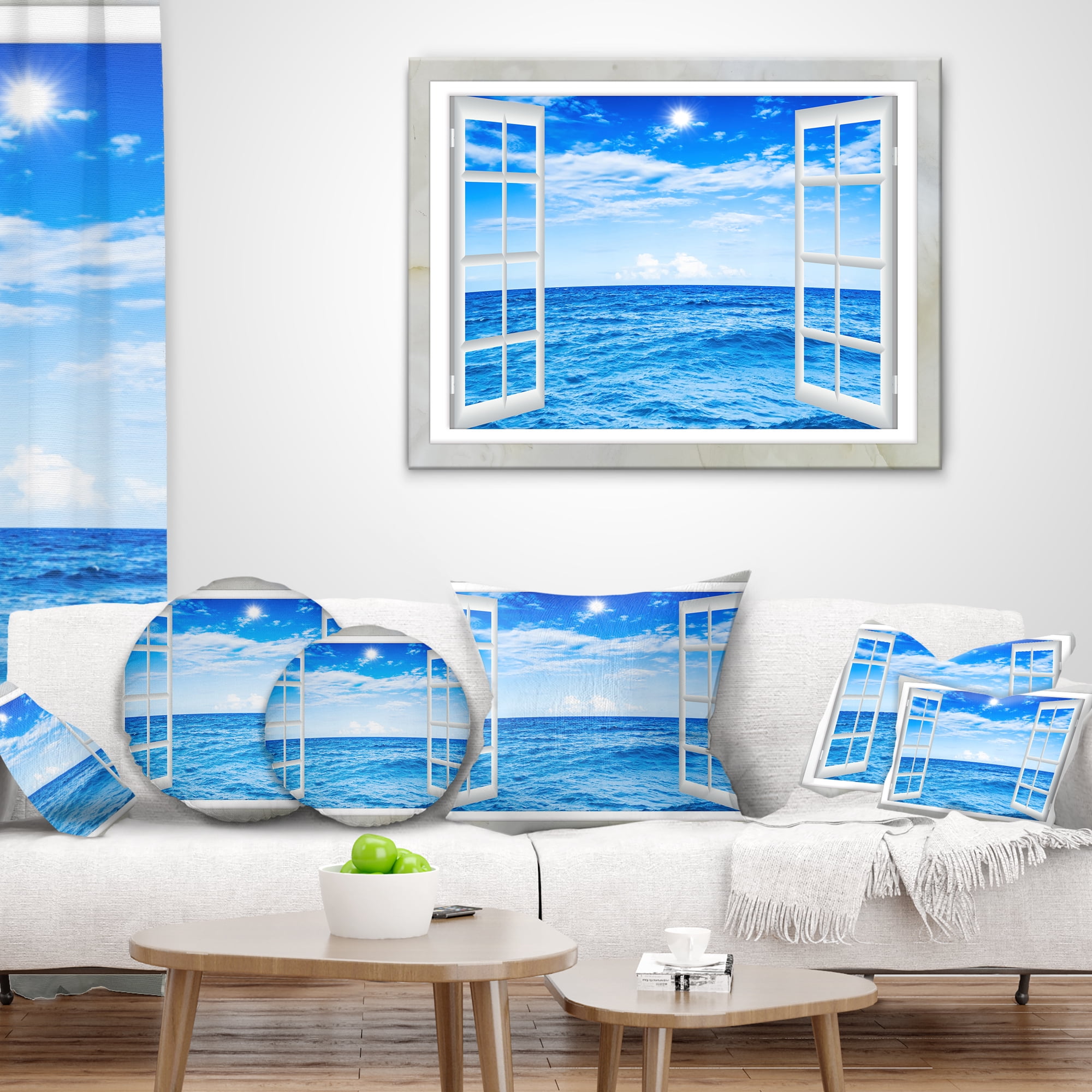 Designart Window Open to Blue Wavy Ocean - Seashore Throw Pillow - 16x16