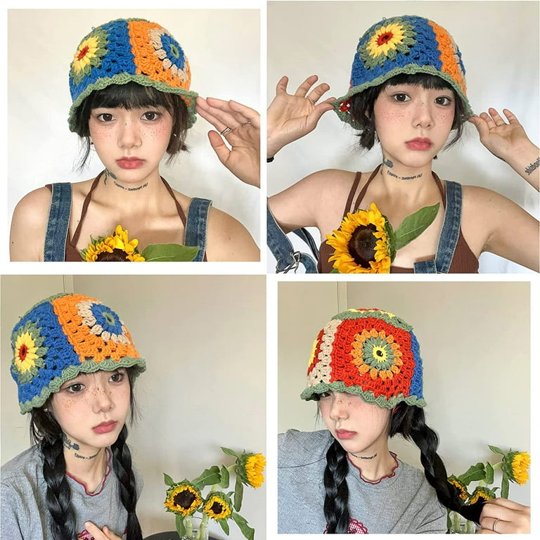 Crochet Bucket Hat Korean Japan Niche Design Cotton Fisherman Hat Women's  Sweet Handmade Hollow Basin Beanie Hat(56-58cm,Violet) 