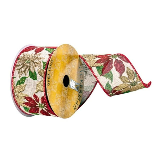 Vickerman Q214649 2.5 in. x 10 Yards Beige & Red Poinsettia Ribbon