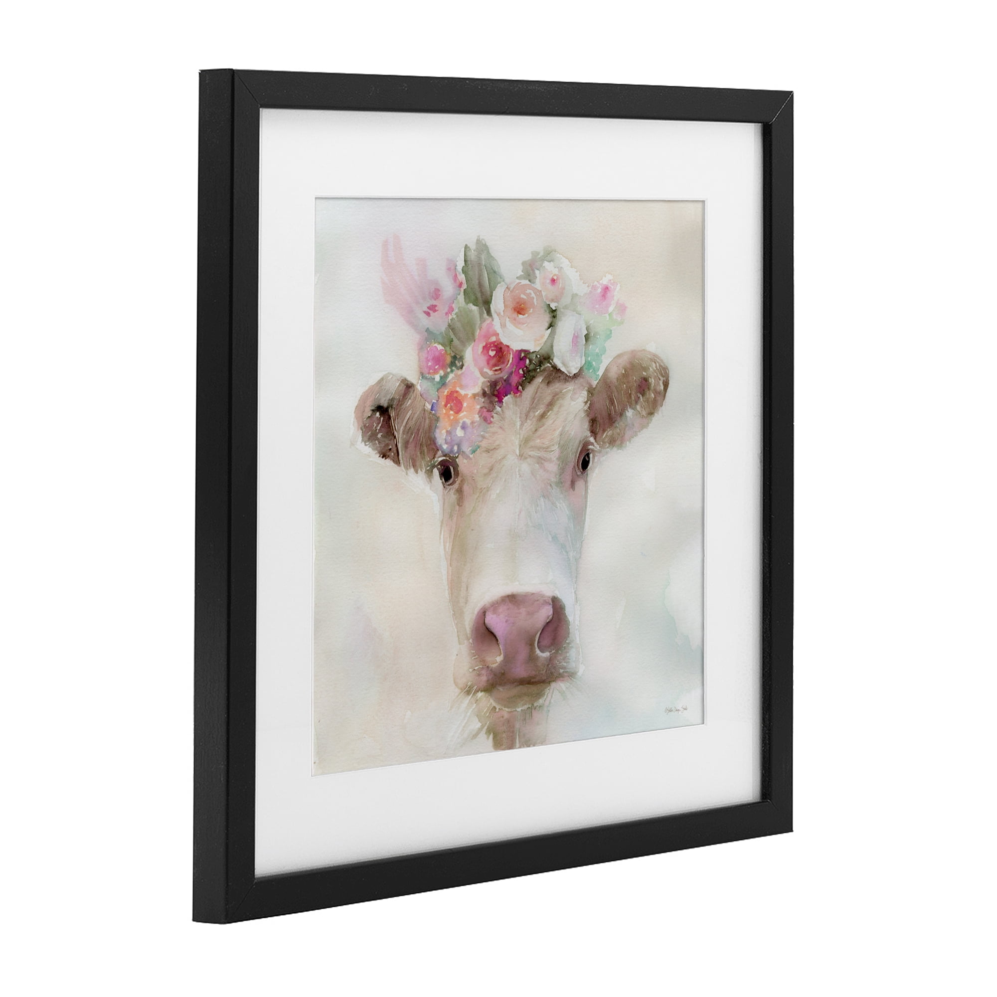 Stupell Industries Betsy Cow with Flowers Black Framed Print Under Glass, design by Stellar Design Studio