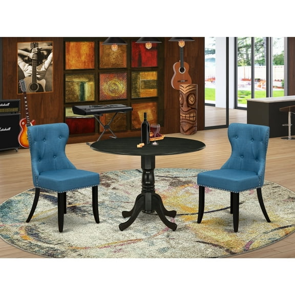 Mid Century Dining Table Set - 2 Parsons Chairs, Linen Fabric, Mineral Blue & Black Finish