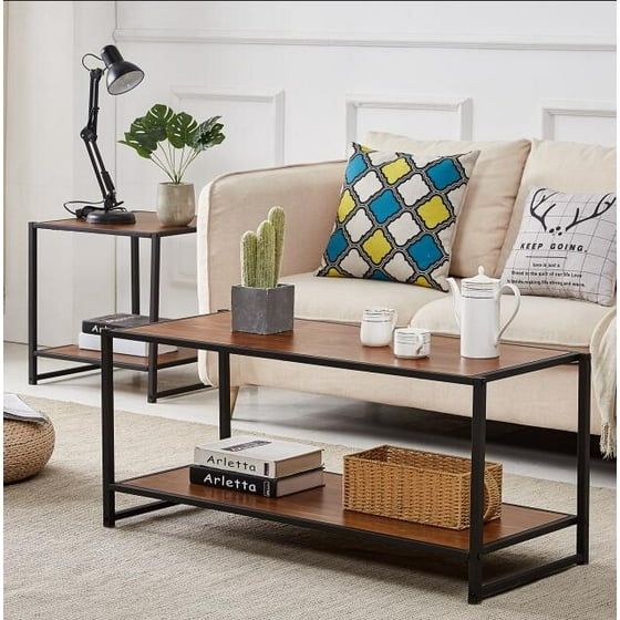 Rectangle Coffee Tail Table With Storage Shelf For Living Room Easy Assembly Metal Frame Base Mdf Tabletop Brown Rustic