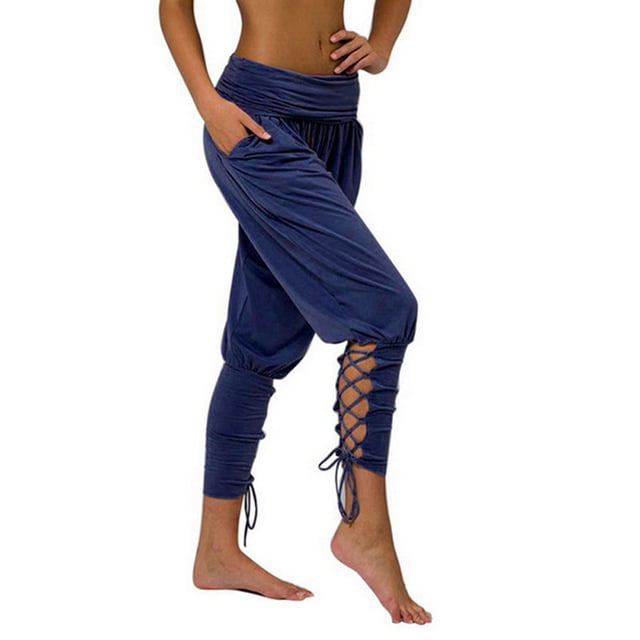 DONTAL Womens Plus Size High Waist Lace Insert Wide Leg Pants Loose Harem Lounge Trousers
