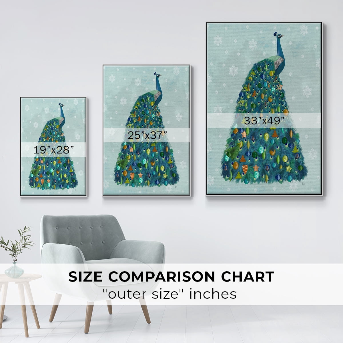 Christmas Peacock Christmas Tree - Framed Gallery Wrapped Holiday Canvas - 17 x 25 - White Frame