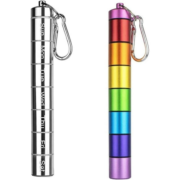 shiyou-7 Days Rainbow Colour Aluminum Pill Bottle with Carabiner Stackable Metal Pill ContainerWaterproof Travel Cute Pill Box Holder (1 Rainbow Pill Bottle and 1 Silver Pill Bottle)