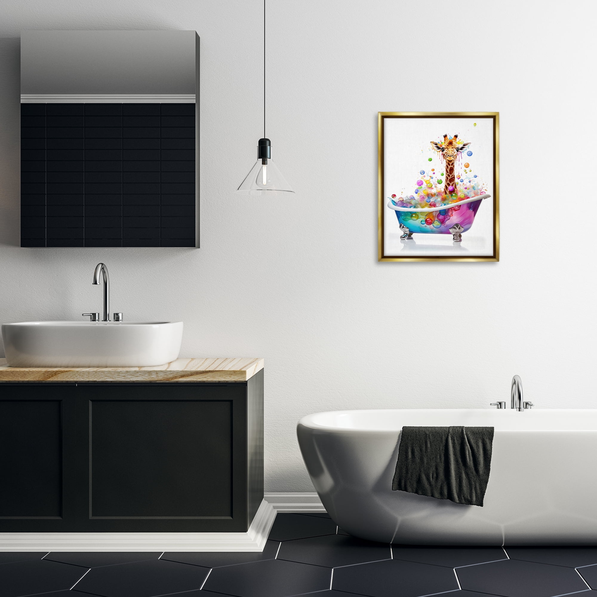 Stupell Industries Rainbow Bubble Bath Giraffe Bath & Laundry Painting Gold Floater Framed Canvas Art Print Wall Art, 17 x 21