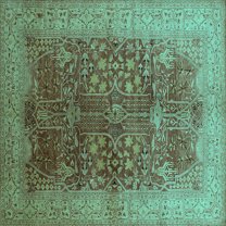 Ahgly Company Machine Washable Indoor Square Oriental Turquoise Blue Industrial Area Rugs, 8' Square