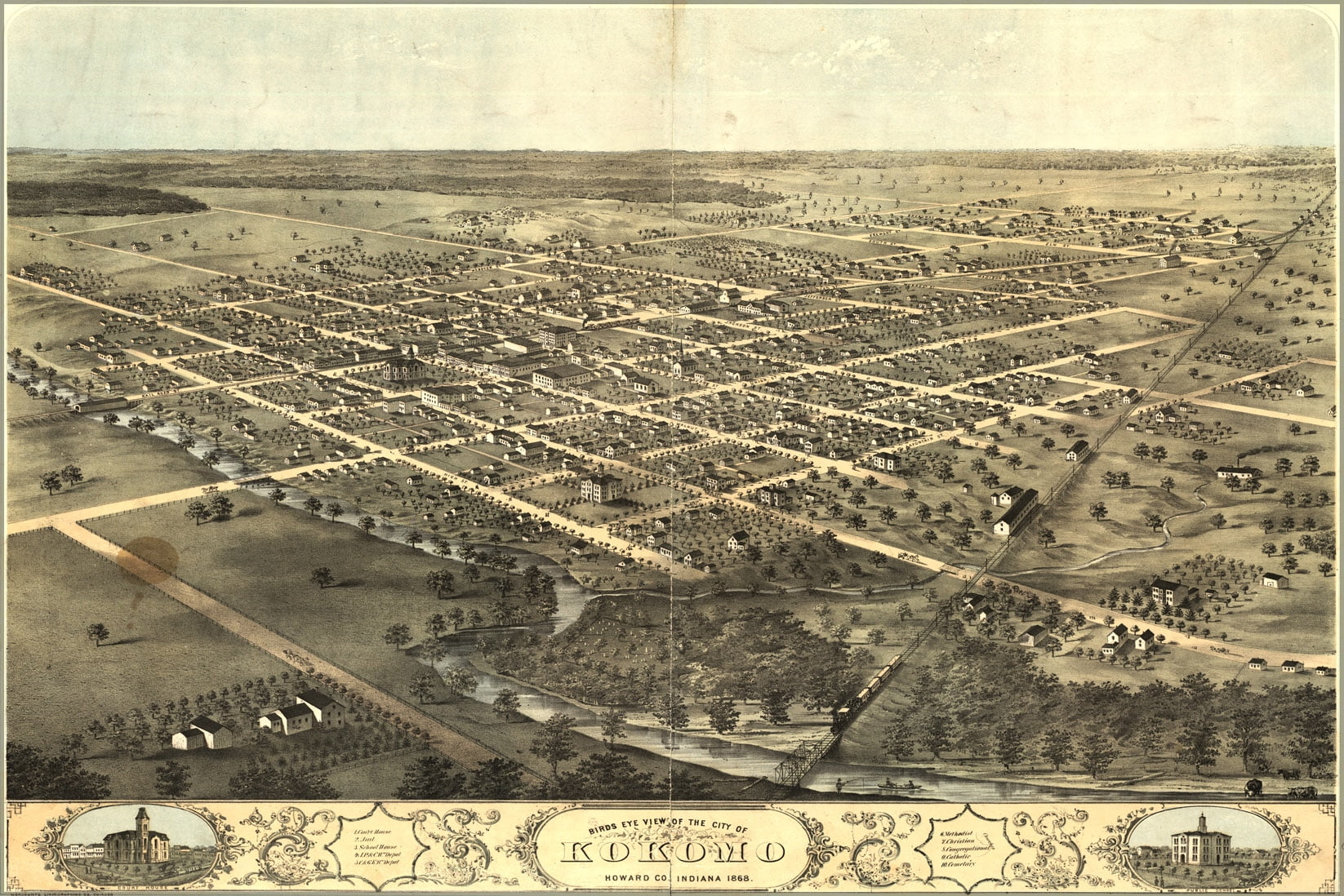24"x36" Gallery Poster, birdseye view map of Kokomo, Indiana 1868