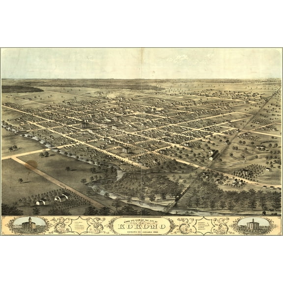 24"x36" Gallery Poster, birdseye view map of Kokomo, Indiana 1868