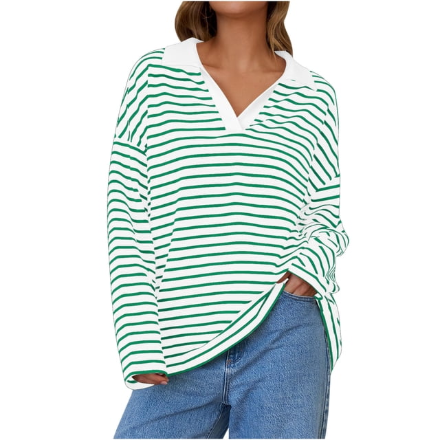 Hauts Chandail Ample à Manches Longues Chandail en Molleton Surdimensionné Rayé Automne Col en V Chemise à Manches Longues Décontractée Chandail Ample S-25 Vert m