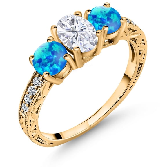Gem Stone King 18K Yellow Gold Plated Silver Blue Simulated Opal Ring Set with Moissanite (2.02 Cttw) (Size 6)