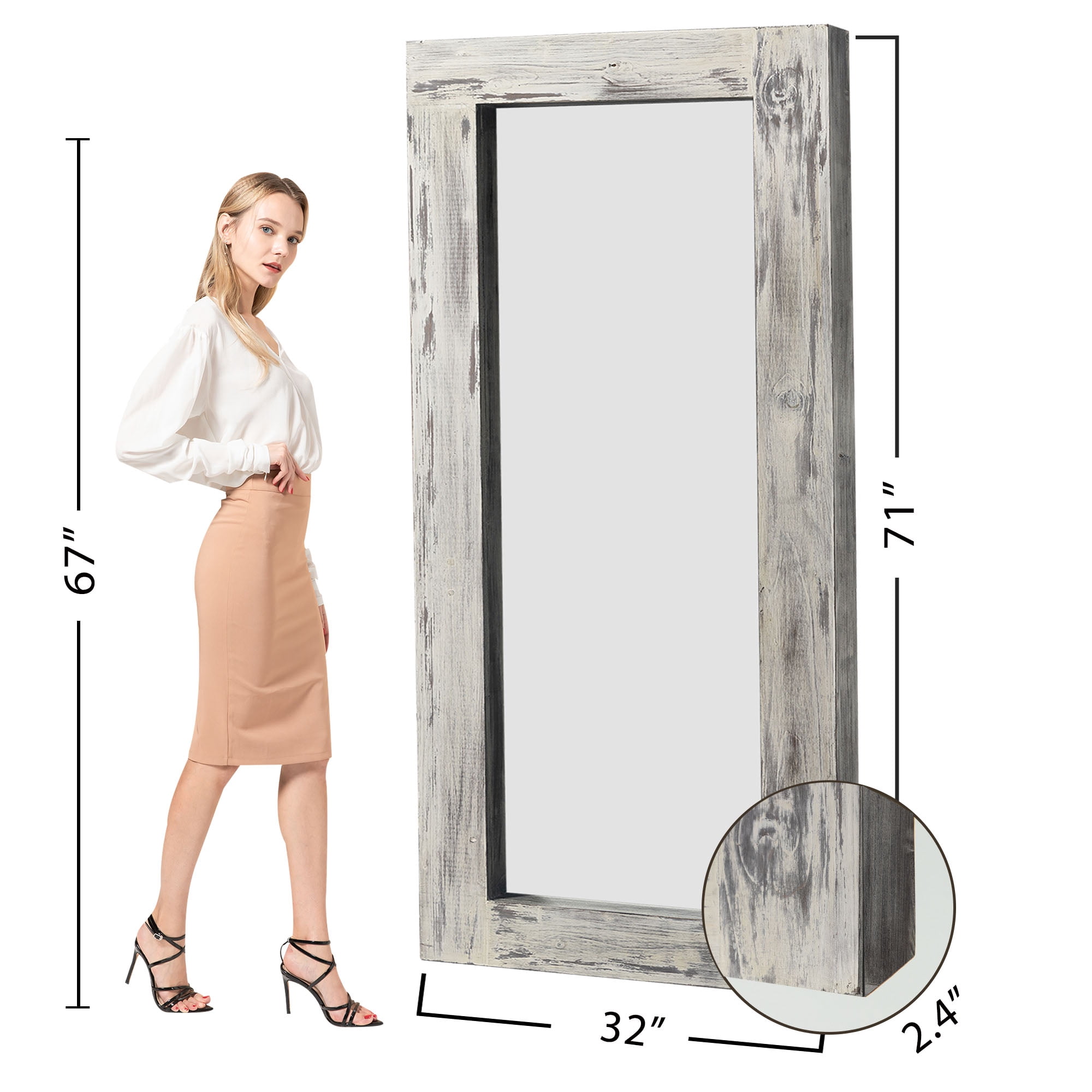 71"x32" Modern Rectangle Wood Full Length Mirror Floor Mirror without Bracket,Weathered White