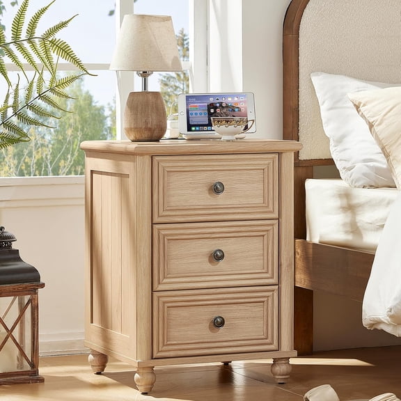 JessieMal18" Farmhouse Nightstand with Charging Station and USB Port, Natural Night Stand with 3 Drawers, Wood Bedside End Table with Storage, Bed Side Tables for Bedroom Living Room and Closet