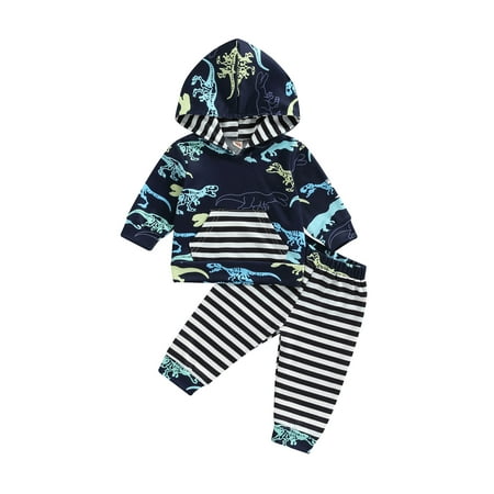 

Liliz Baby Boys Girls Pants Suit Long Sleeve Dinosaur Striped Hooded Pullovers Toddler Wear Clothes