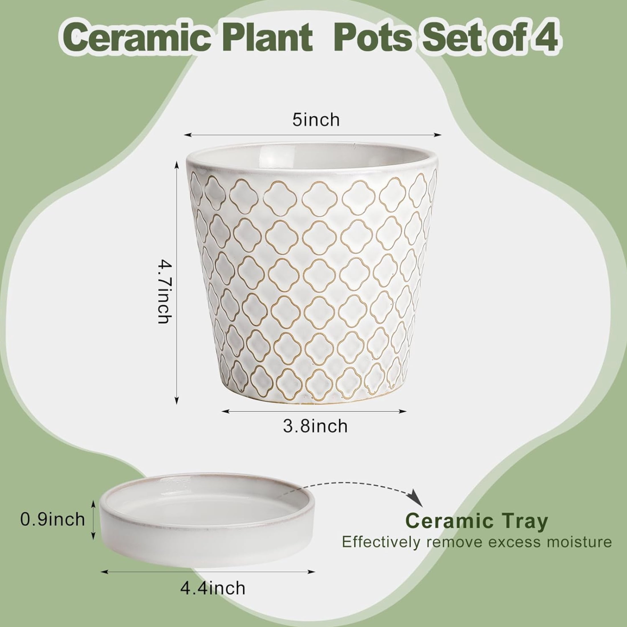 EFISPSS 5 inch White Ceramic Plant Pots with Drainage Holes and Tray, 4-Pack Indoor Flower Pots for Herbs, Cactus, Home & Office Decor
