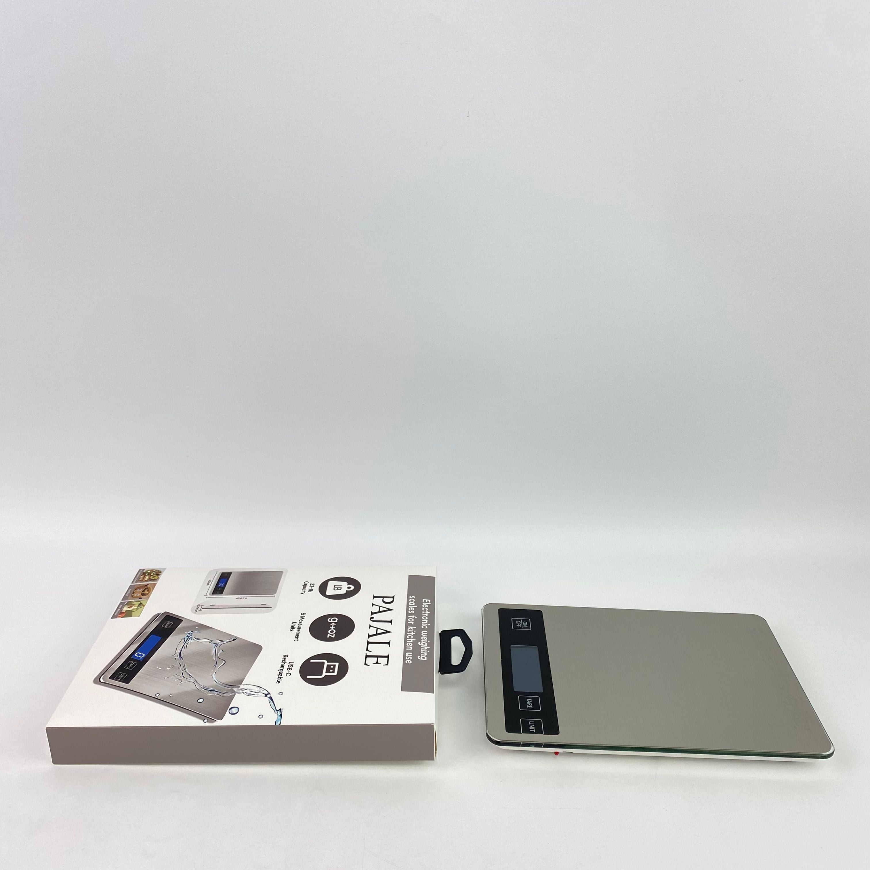PAJALE Electronic weighing scales for kitchen use,33lb Food Scale, Digital Kitchen Scale Batteries and USB Charging,1g/0.05oz Precise Graduation (Stainless Steel)