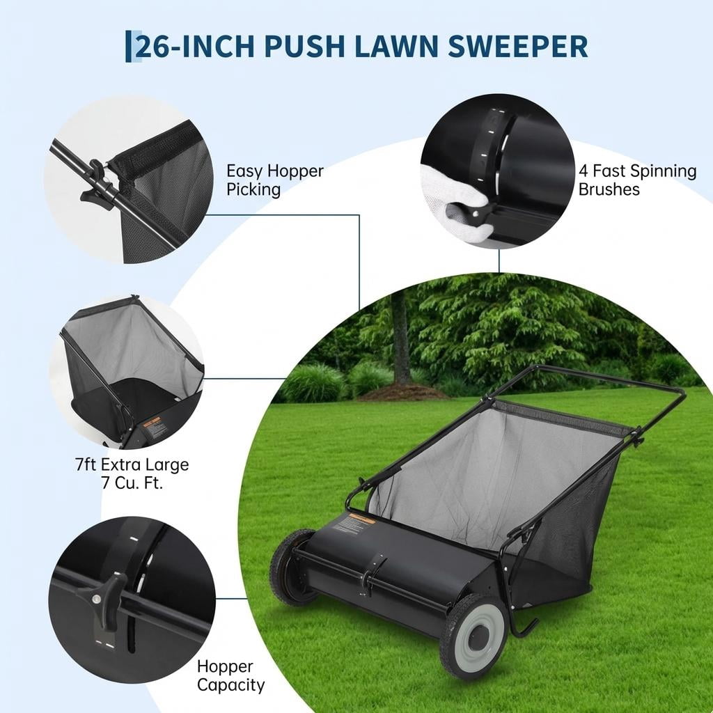 21 Inch Heavy Duty 4-Brush Push Lawn Sweeper, 3.5 Cu.Ft Large Collection Bag for Yard, Garden Cleanup