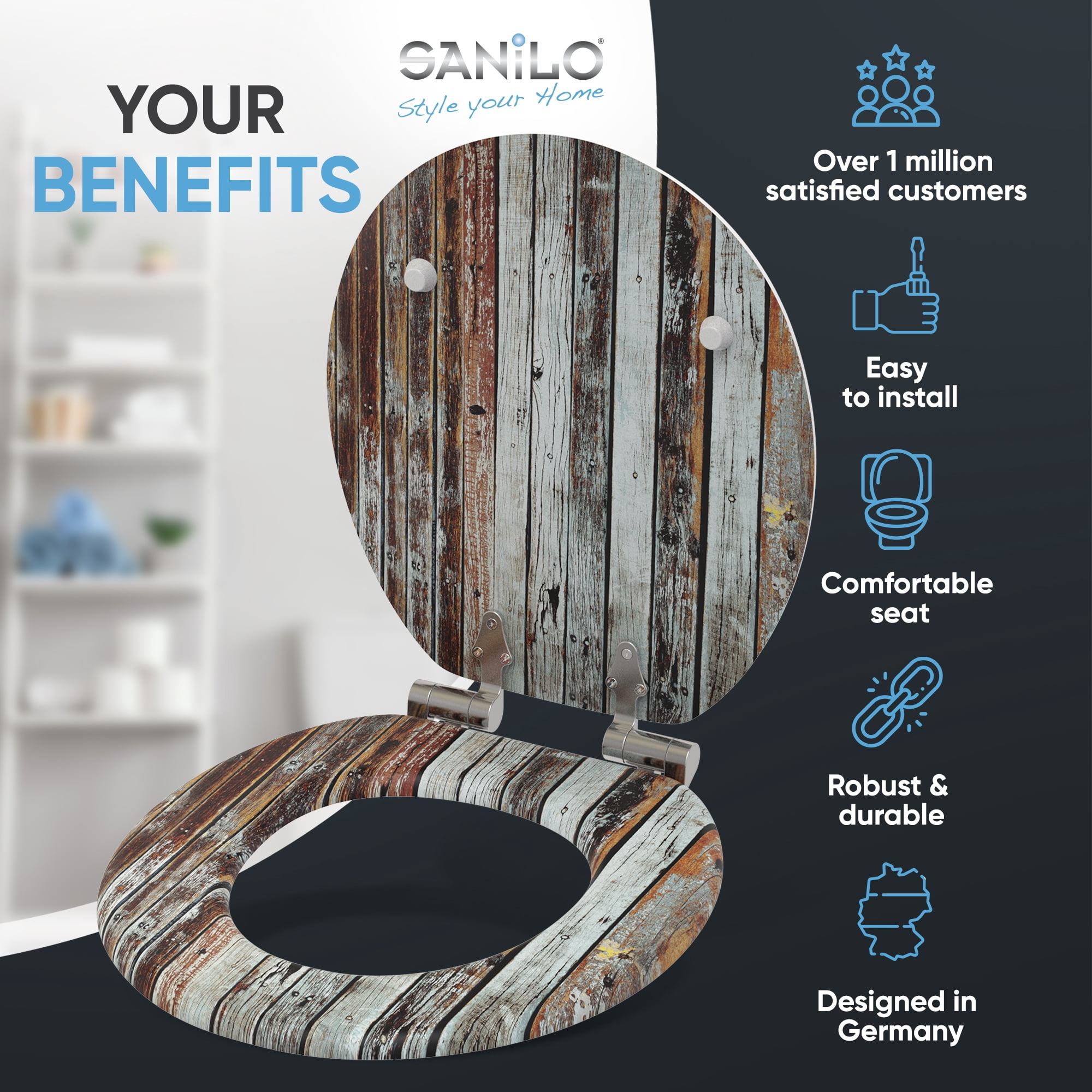 Sanilo Soft Close Toilet Seat ROUND, Quiet and Slow Close Lid and Seat, Strong Bumpers and Hinges, Antique