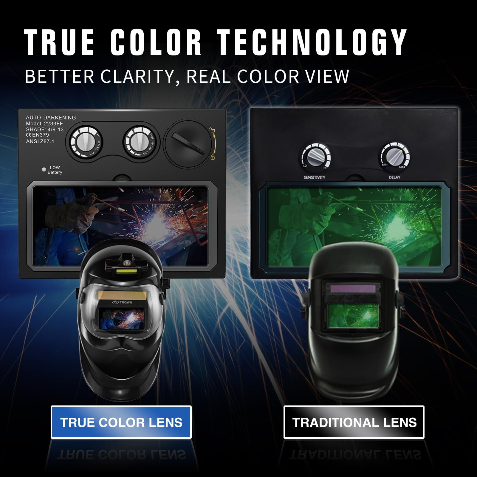 Auto Darkening Welding Helmet with Light Solar Powered True Color Welding Hood 2 Arc Sensor Wide Shade 9-13 Welding Mask with Extra Grinding Mode Weld Helmet
