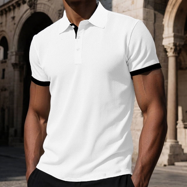 Ceisia Men's Slim Fit Short Sleeve Turndown Collar Jacquard Polo Shirt with Contrast Cuffs White XXXL Gifts