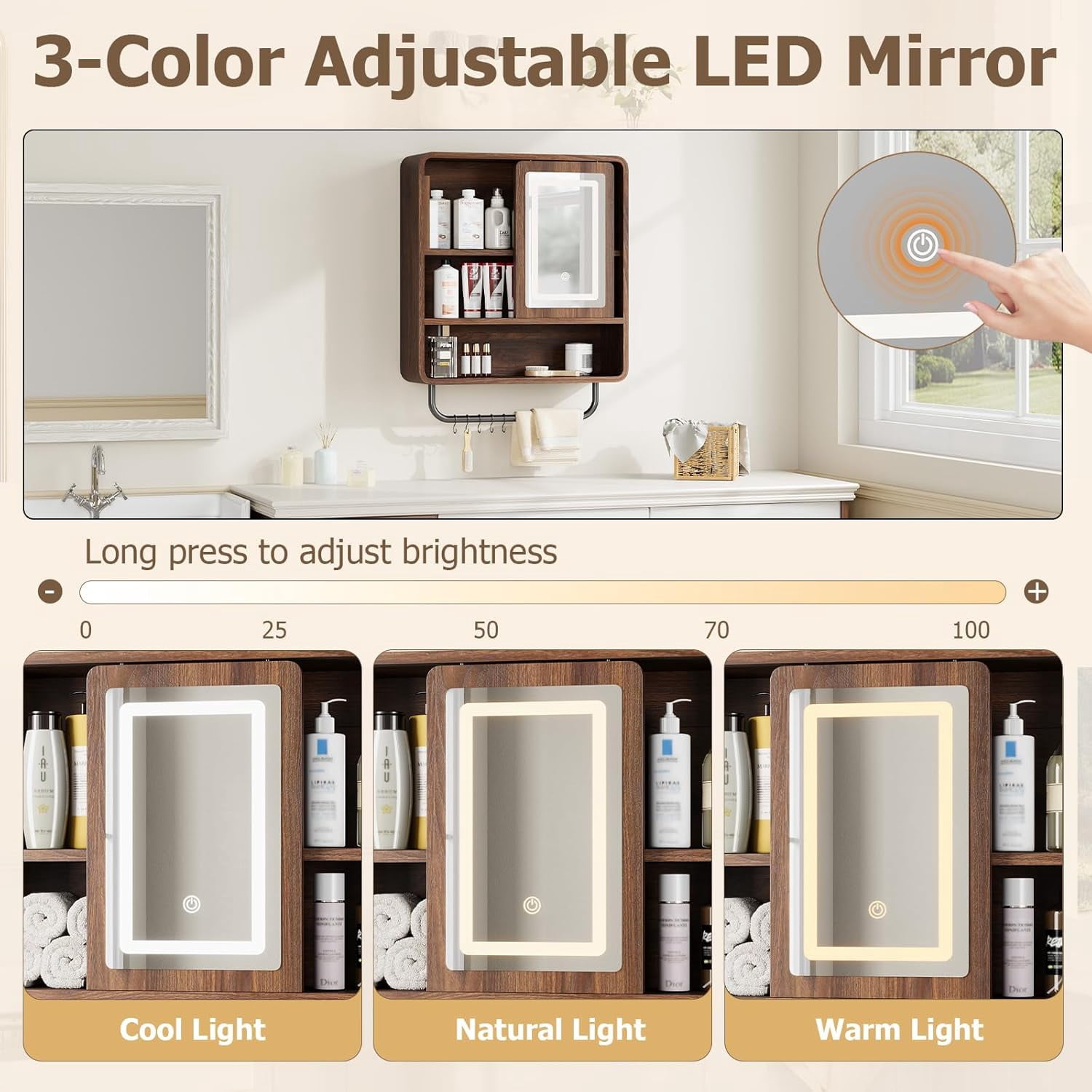 Vecenuy Modern Bathroom Wall Cabinet, Medicine Cabinets with Mirror, Over The Toilet Storage Cabinet for Bathroom, Towel Bar, Sliding Door, 3 Lighting Modes, Adjustable Brightness, Dark Walnut