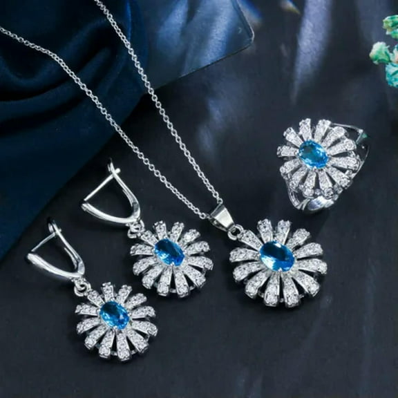 Lovely Flower CZ Yellow Crystal Necklace Earrings Ring Silver Plated Jewelry Set