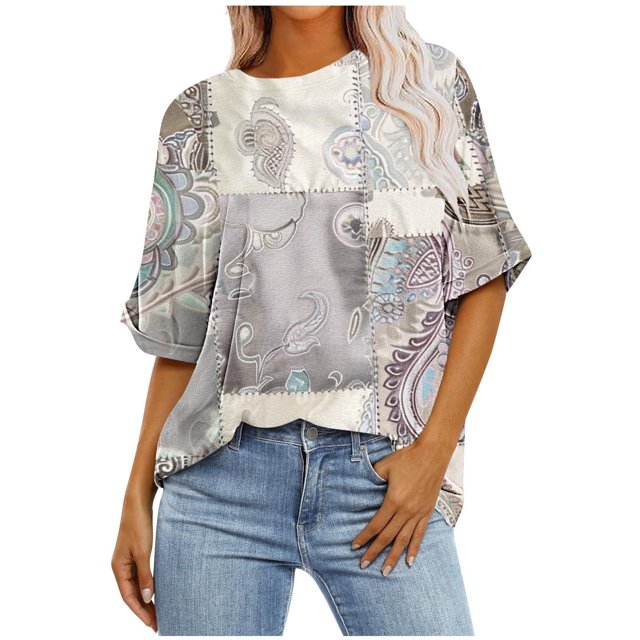 Pisexur Hauts pour Femmes Mode Décontractée Manches Courtes Col Rond T-Shirts Confortables Amples Imprimé Floral Blouses Printemps Été Hauts Élégants Imprimés Graphiques Grandes Tailles Tops de Sortie S-5TG