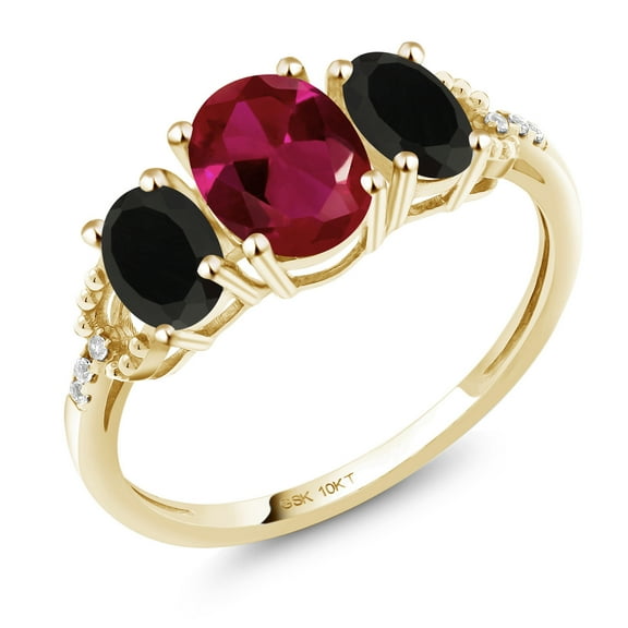 Gem Stone King 10K Yellow Gold 3-Stone Diamond Engagement Ring 1.82 Ct Oval Red Created Ruby Black Onyx (Size 6)