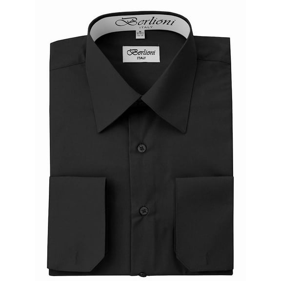 Berlioni Italy Men's Convertible Cuff Solid Dress Shirt Black