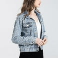 thumbnail image 4 of Kilaqueen Women's Pearls Denim Jacket Rhinestones Embroidered Pearls Beading Long Sleeve Lapel Cropped Jean Coat with Front Pockets, 4 of 5