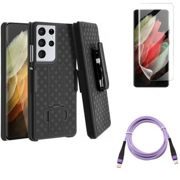 Matte Screen Protector & Purple 10ft PD Cable & Case Belt Clip for Samsung Galaxy S21 Ultra Phone - TPU Film Anti-Glare & Type-C to USB-C Fast Charger Cord & Holster Swivel Accessory Bundle