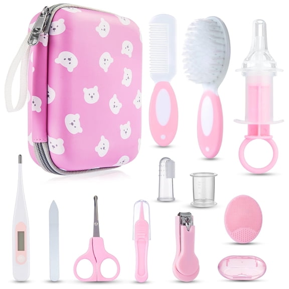Lictin Baby Grooming Kit, 13 in 1 Portable Newborn Nursery Safety Health Care Set with Thermometer, Brush, Nail Clippers, Baby Care Kit for Baby Girls, Pink