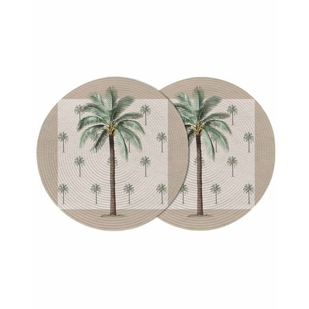 Green Tropical Coconut Trees Round Table Placemats set of 2 Summer Vintage Plant Washable Woven Place Mats for Dining Tables Kitchen Party Decor Heat Proof 13in Beige