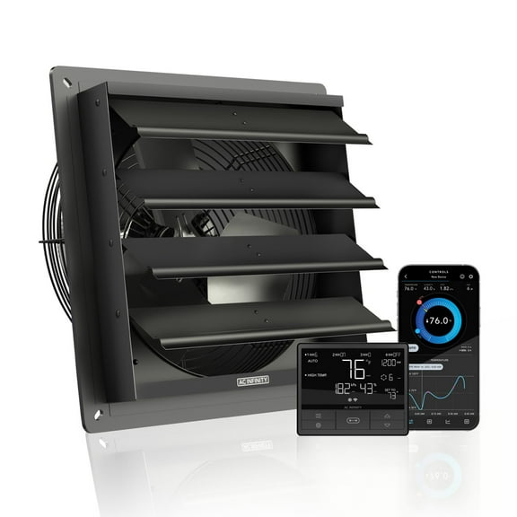 AC Infinity AIRLIFT T12, Shutter Exhaust Fan 12” with Temperature Humidity WiFi Controller, EC-Motor Wall Mount Ventilation and Cooling for Sheds, Attics, Workshops, and Greenhouses