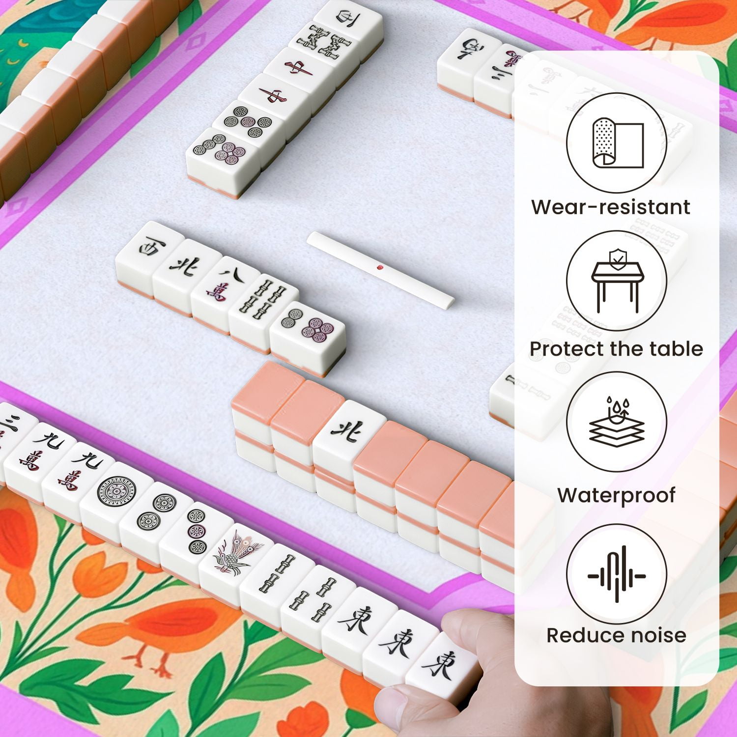 Mahjong Mat 31.5" x 31.5" Vibrant Floral Border Colorful Birds Leaves Anti-Slip and Noise Reduction Symmetry Design Mahjong Tiles Table Cover for Dominoes Poker Card Board and Tile Games