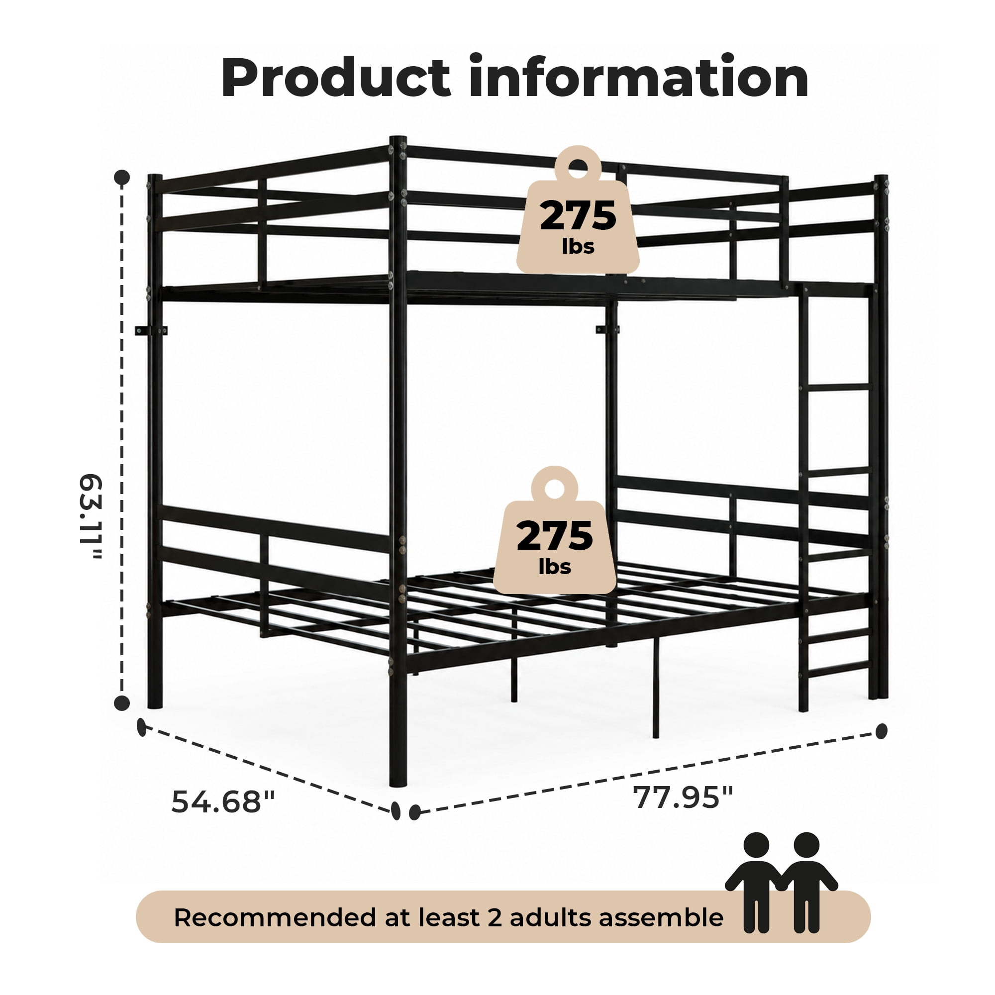 Alvantor Bunk Bed Full over Full for Kids, Metal Bunk Bed with Stairs and Anti-tip Bracket Black