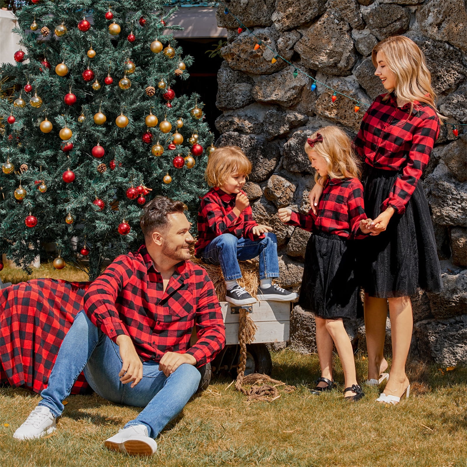 Family Matching Red V Neck Splicing Lace Long-sleeve Belted Dresses and 100% Cotton Plaid Shirts Sets