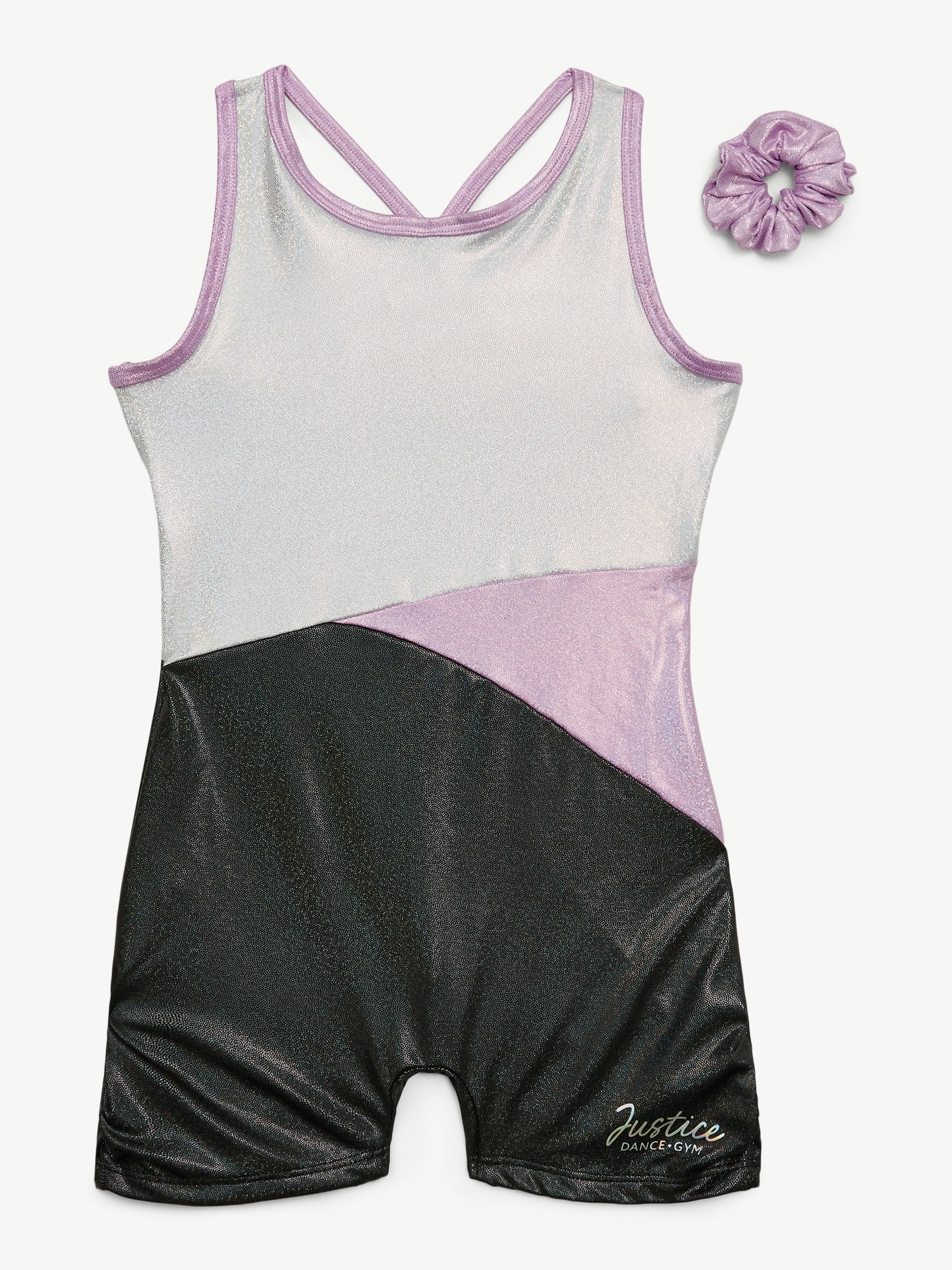 Justice All Over Foil Biketard for Girls with Matching Scrunchie, Sizes XS-XL