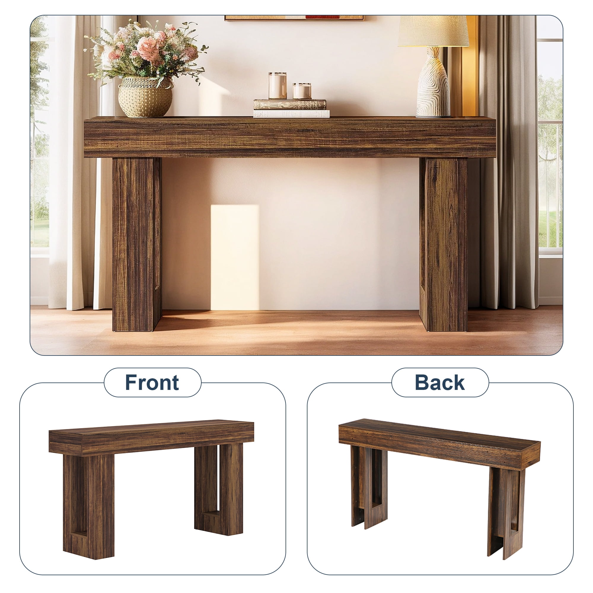 Demi Bonn 63" Farmhouse Console Table, Modern Living Room Sofa Table, Contemporary Entryway Hall Table, Foyer Display Table, Rustic Brown