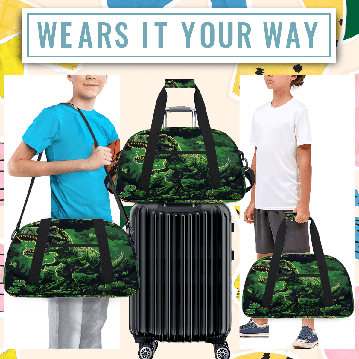 Herdesigns Dinosaur Animal Sports Duffle Bag for Women & Men, Gym Bag Dance Bag Overnight Bag Carry On Weekender Travel Bag