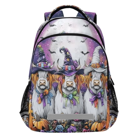 ALAZA Halloween Highland Cattles Pattern Backpack Elementary School Bags Student Bookbag Travel Rucksack
