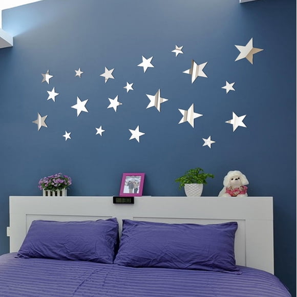 yulier 20Pcs Star Wall Decor DIY Mirror 3D Star Stickers Removable Acrylic Star Decals for Home Nursery Classroom Kids Girls Bedroom Bathroom Living Room Decor (Silver)
