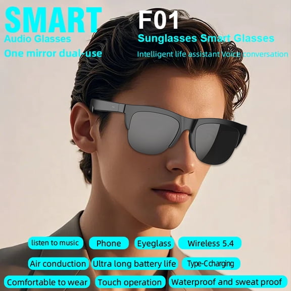 AI Smart Glasses with Real-Time Translation & Voice Assistant – Bluetooth Sunglasses with Noise-Cancelling Calls, Music, Touch Control, Photochromic Lenses, UV & Blue Light Protection-Black