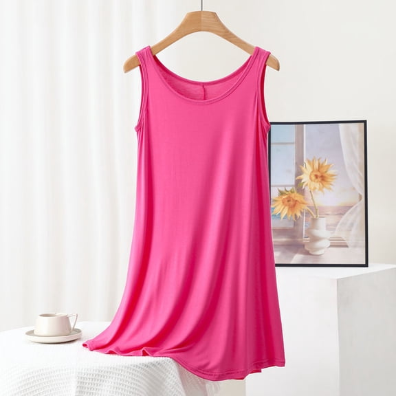 Nfurl Womens Sleeveless Nightgowns Soft Solid Color Crewneck Modal Nightgown Comfy Lightweight Loungewear Ladies Sleepwear Sleepshirts Hot Pink,M