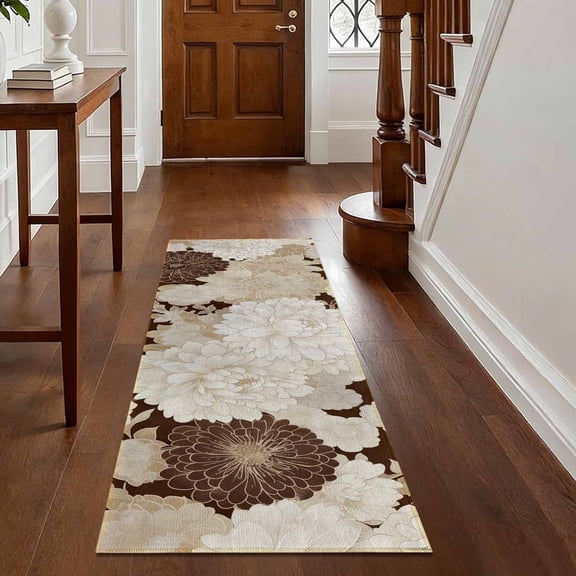 Washable Kitchen Runner Rug 60" x 22", Non-Slip Soft Low Profile Modern Floral Microfiber Mat for Entryway, Kitchen, Hallway, Laundry, Brown
