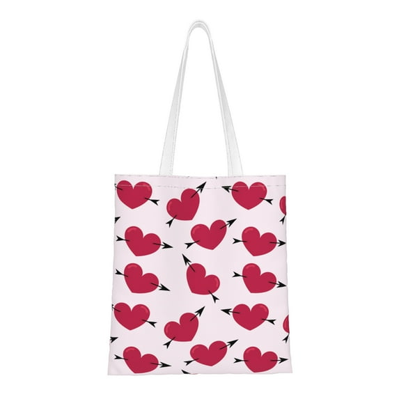 DouZhe Reusable Grocery Bags, Pink Heart Cupid Arrow Lightweight Polyester Canvas Cloth Tote Bag for Travle Gym Shopping School, 15" x 16"