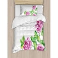 thumbnail image 3 of Watercolor Flower House Decor Queen Size Duvet Cover Set, Picturesque Glamour Dramatic Rose Figures with Cracked Effect, Decorative 3 Piece Bedding Set with 2 Pillow Shams, Pink Green, by Ambesonne, 3 of 3